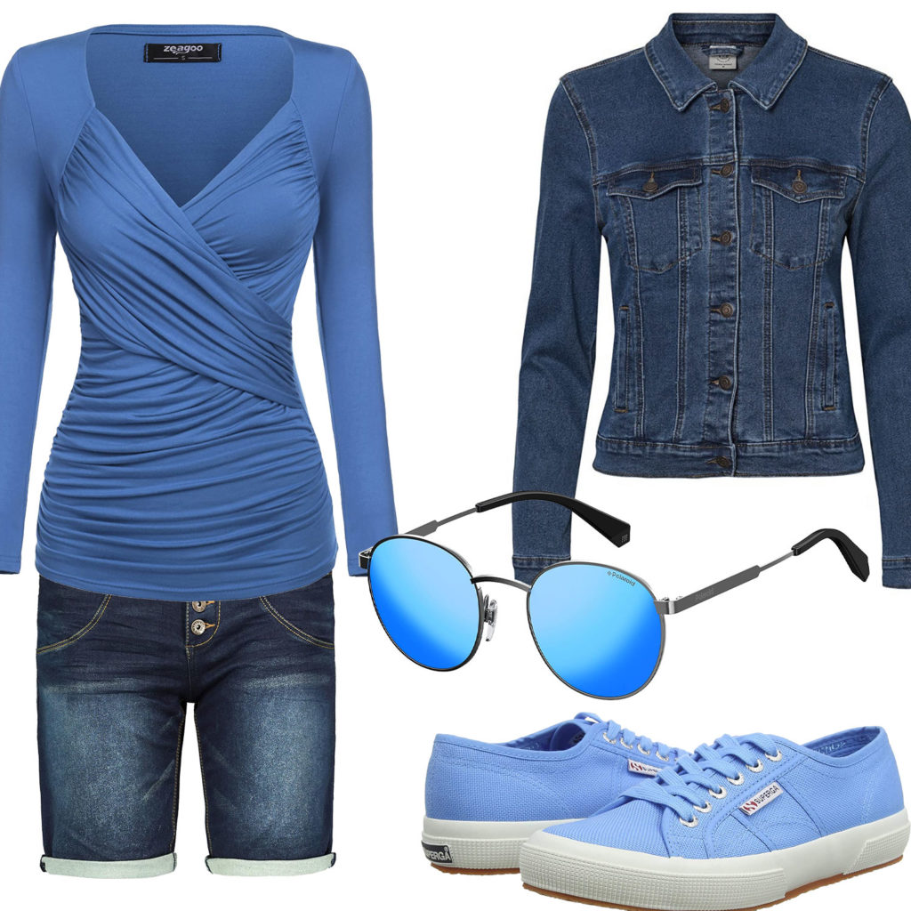 Blaues Frauenoutfit mit Bluse und Jeansjacke