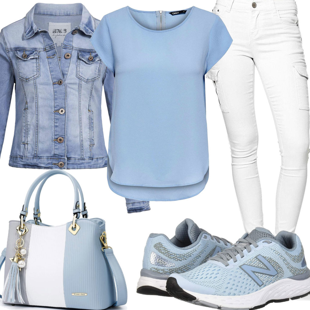 Weiß-Hellblaues Frauenoutfit mit Jeansjacke und Tasche