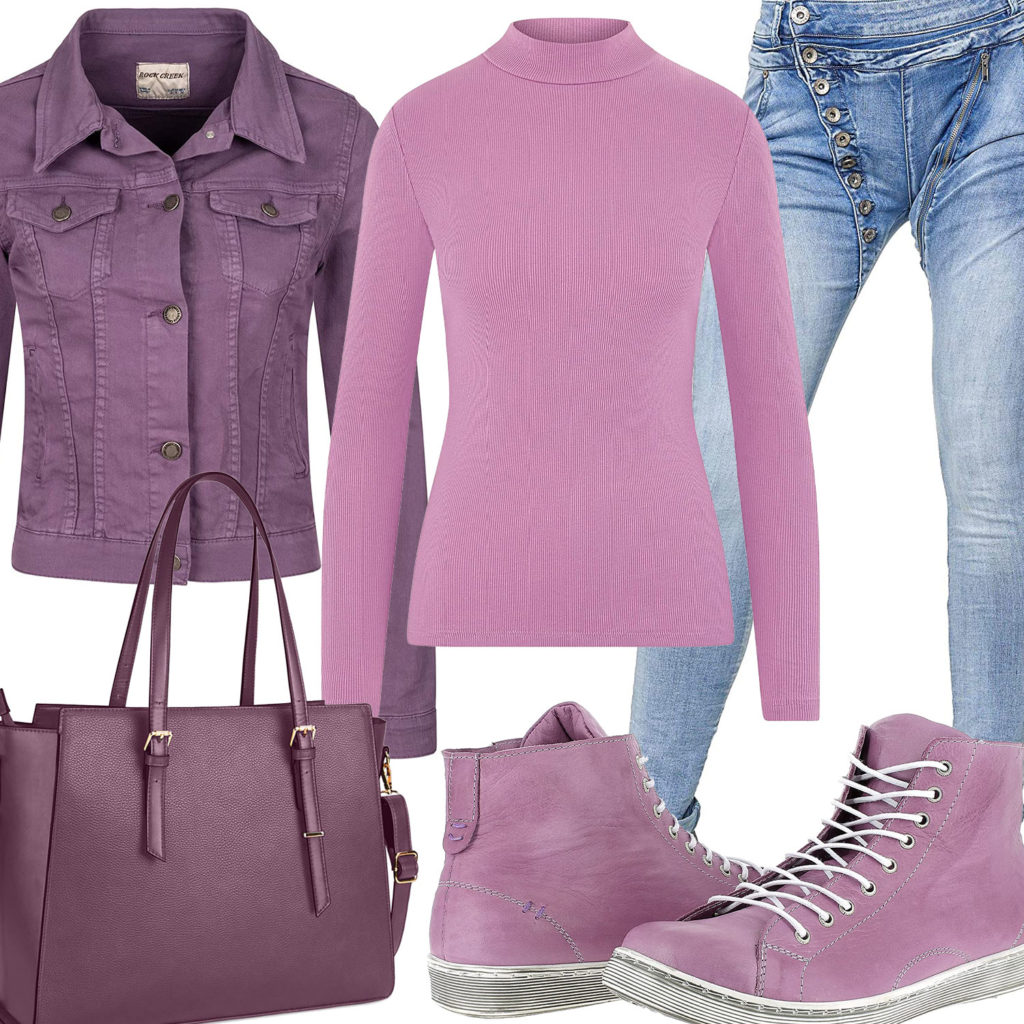 Purpur Damenoutfit mit Jeansjacke und Tasche