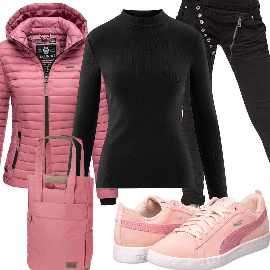 Schwarz-Rosa Frauenoutfit mit Steppjacke und Sneakern