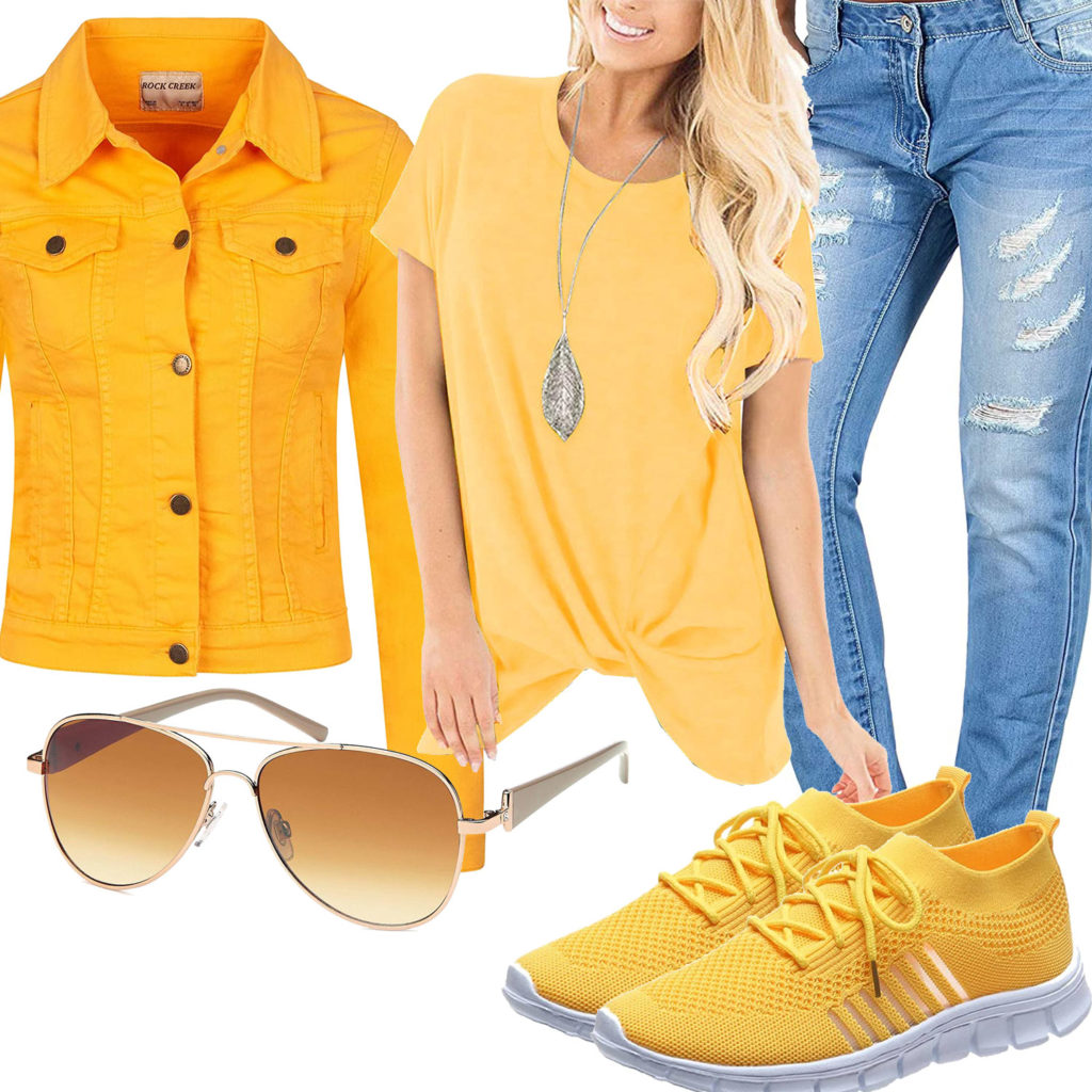 Gelbes Frauenoutfit mit Shirt, Jeansjacke und Sneakern