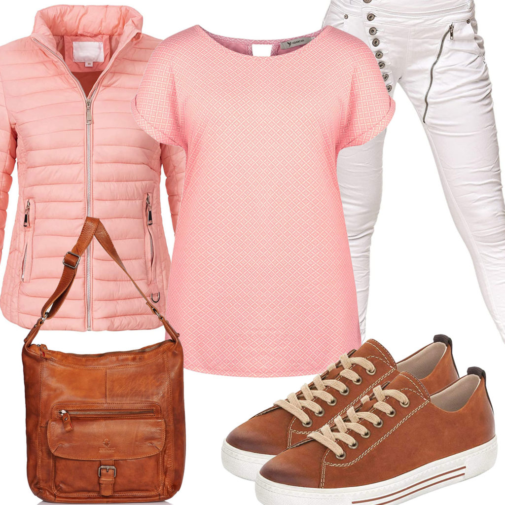 Frühlings-Damenoutfit mit rosa T-Shirt und Steppjacke