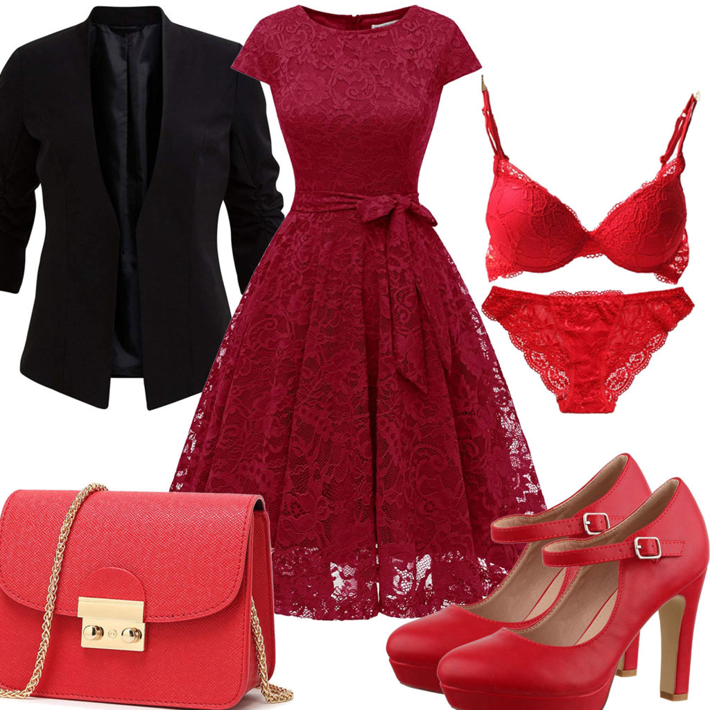 Elegantes Frauenoutfit mit rotem Kleid und Dessous