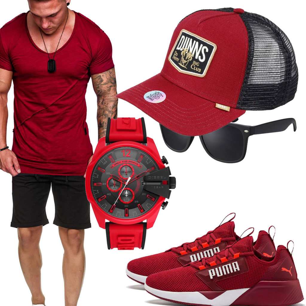 Rotes Herrenoutfit mit Shirt, Cap und Sneakern