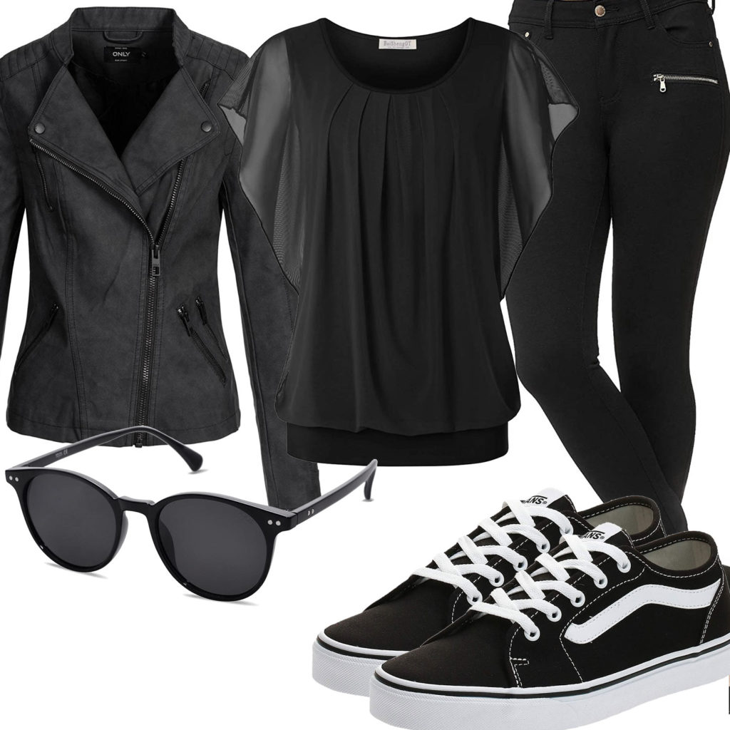Schwarzes Damenoutfit mit Bluse, Hose und Lederjacke