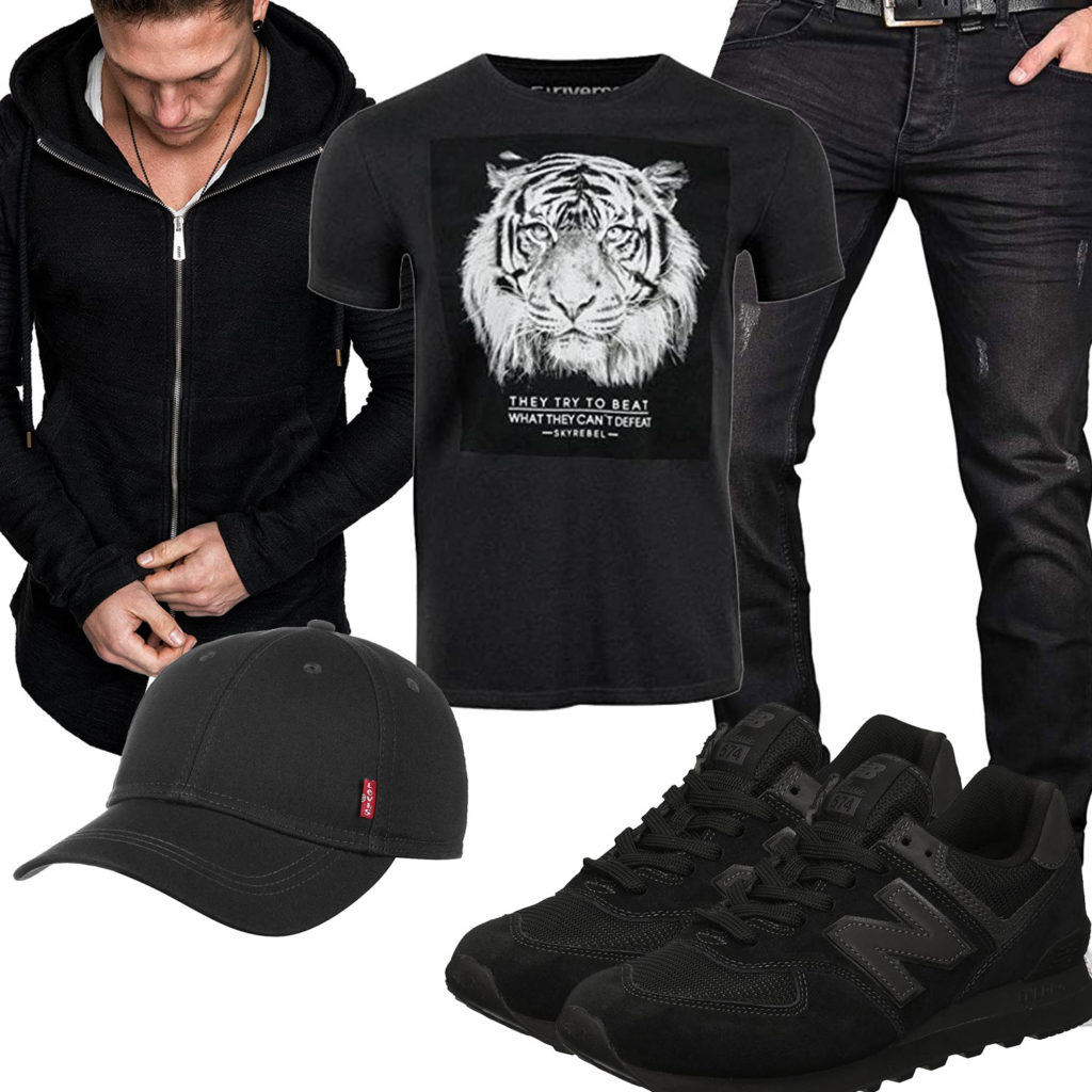Schwarzes Herrenoutfit mit Hoodie, Shirt und Cap
