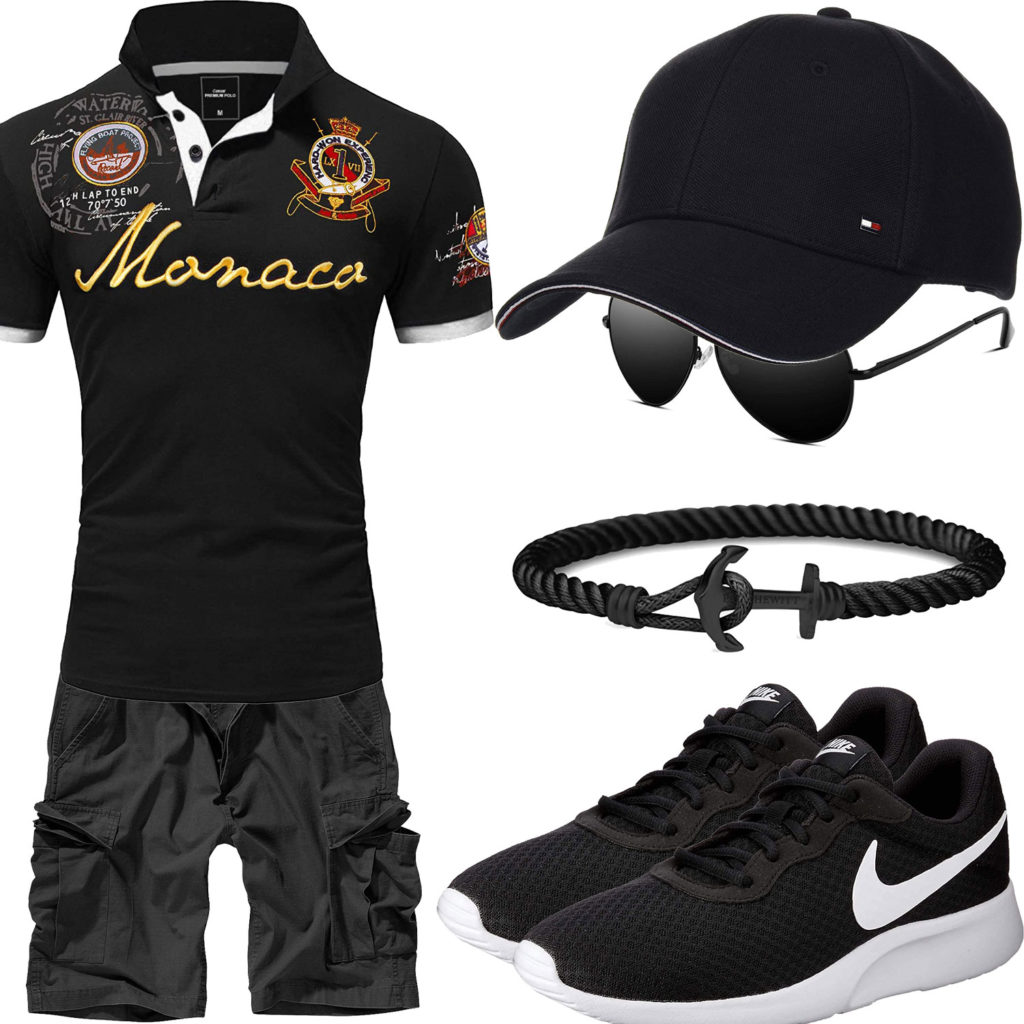 Schwarzes Herrenoutfit mit Poloshirt, Shorts und Cap
