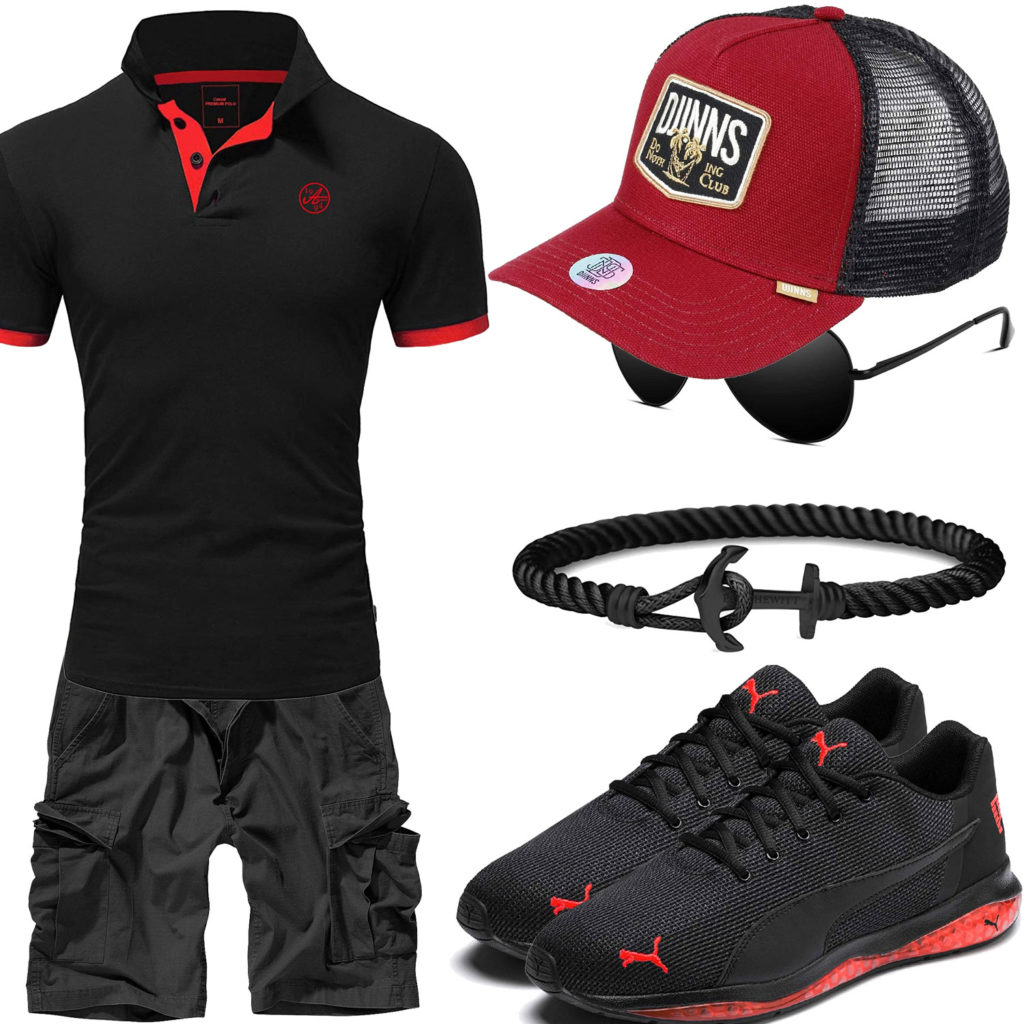 Schwarz-Rotes Herrenoutfit mit Poloshirt und Shorts