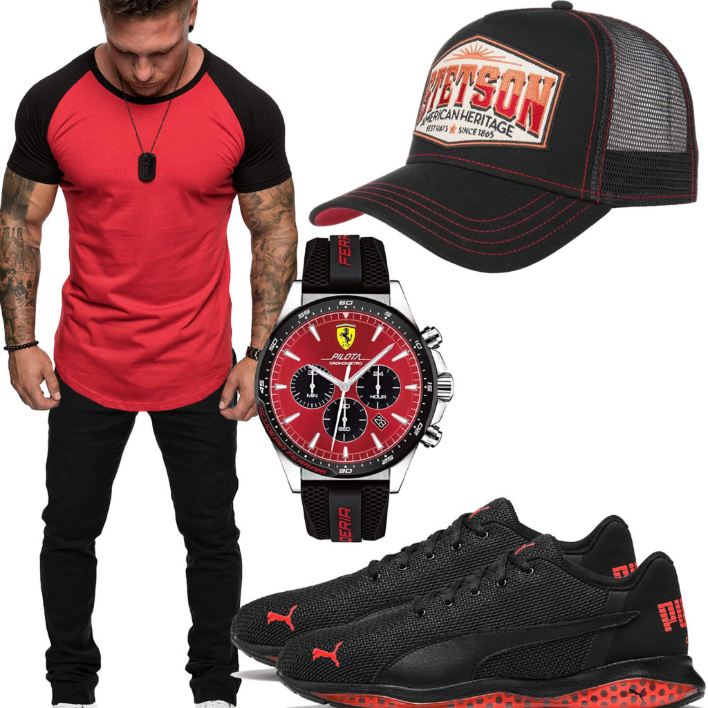 Schwarz-Rotes Herrenoutfit mit Cap und Uhr