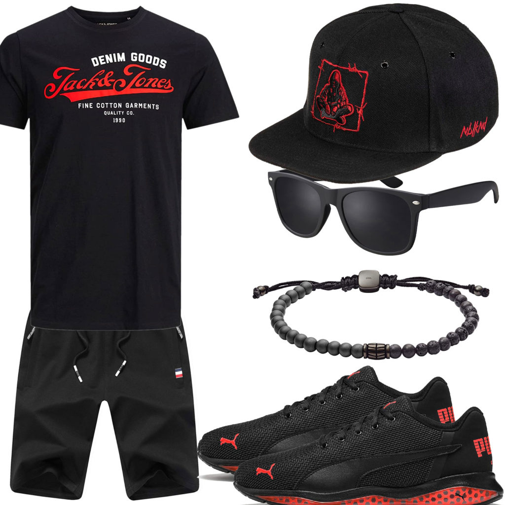 Schwarz-Rotes Herrenoutfit mit Sneakern und Cap