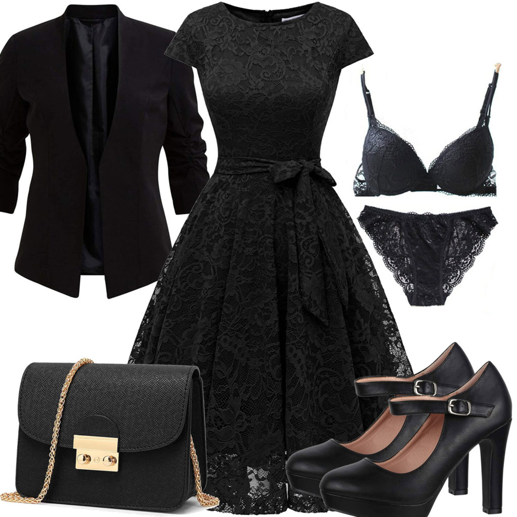 Schwarzes Frauenoutfit mit Kleid, Dessous und Clutch