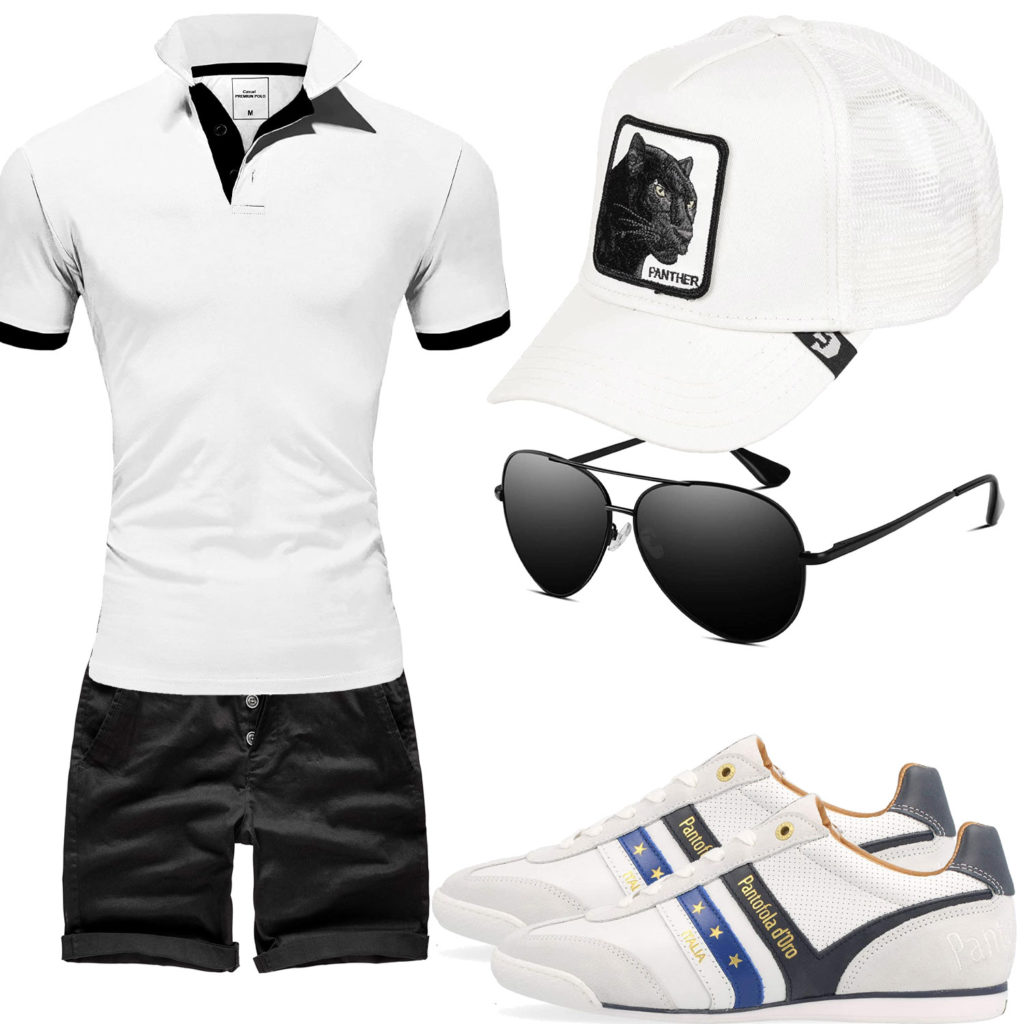 Schwarz-Weißes Herrenoutfit mit Poloshirt und Cap