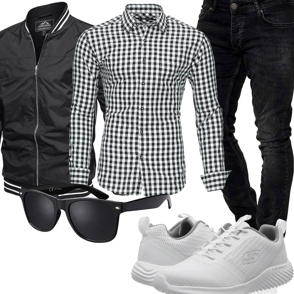 Schwarz-Weißes Herrenoutfit mit Hemd und Skechers