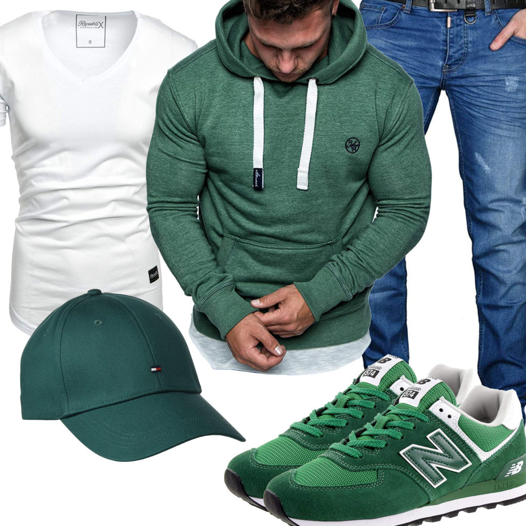 Smaragdgrünes Herrenoutfit mit Cap, Sneakern und Hoodie