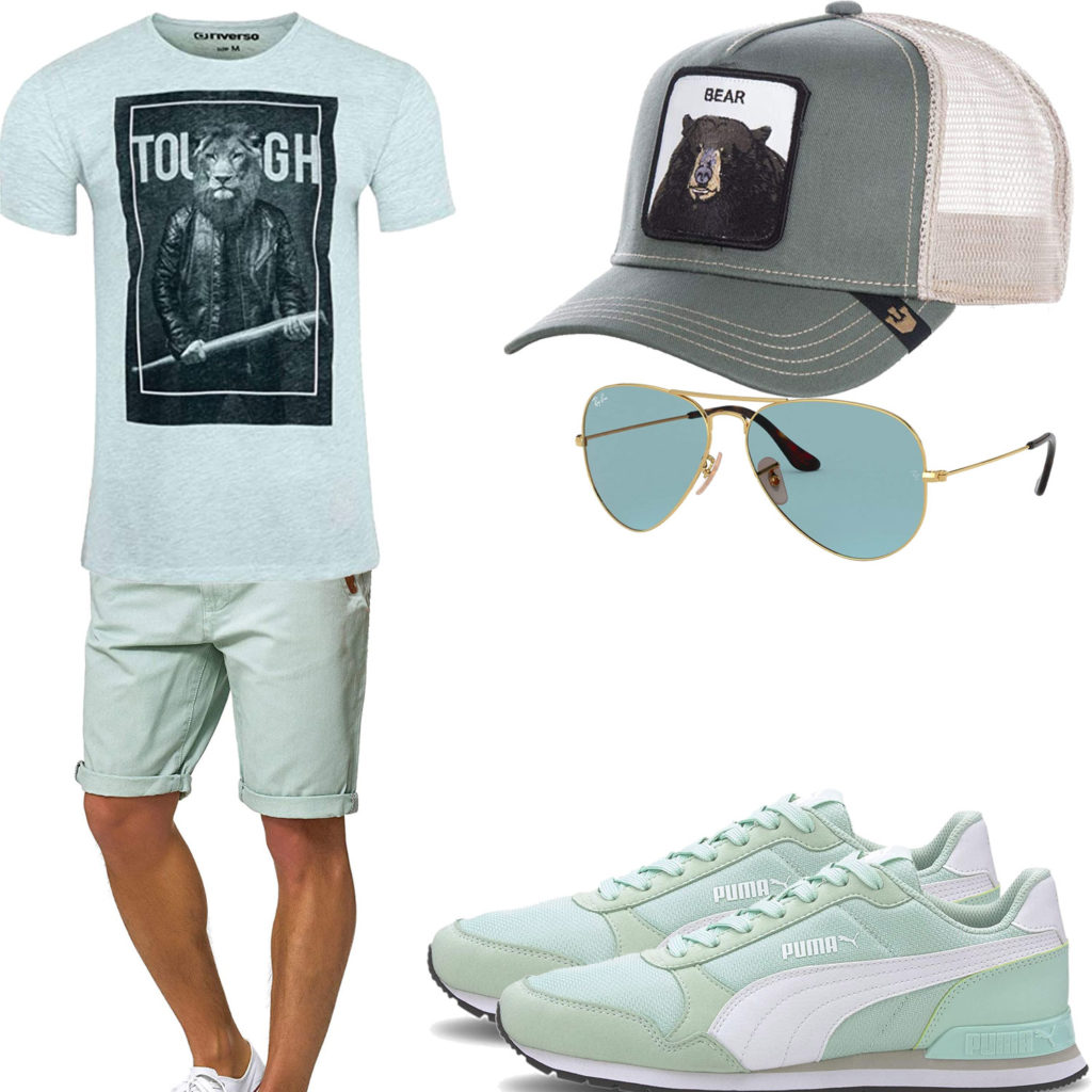 Mintgrünes Herrenoutfit mit Shirt, Shorts und Cap