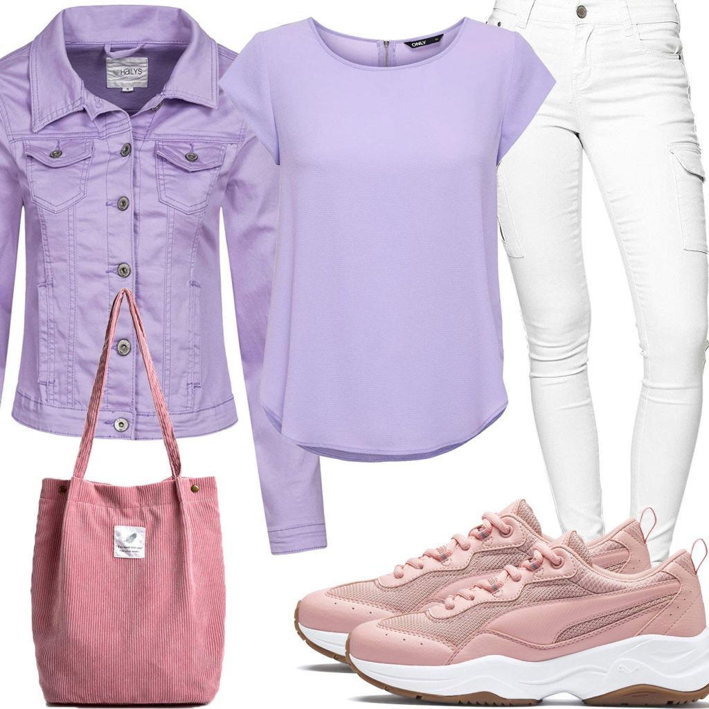 Rosa-Violett Damenoutfit mit Shirt und Jeansjacke
