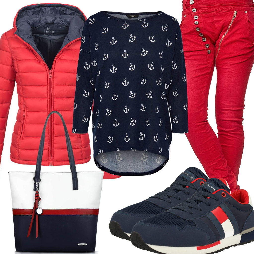 Dunkelblau-Rotes Frauenoutfit mit Steppjacke und Jeans