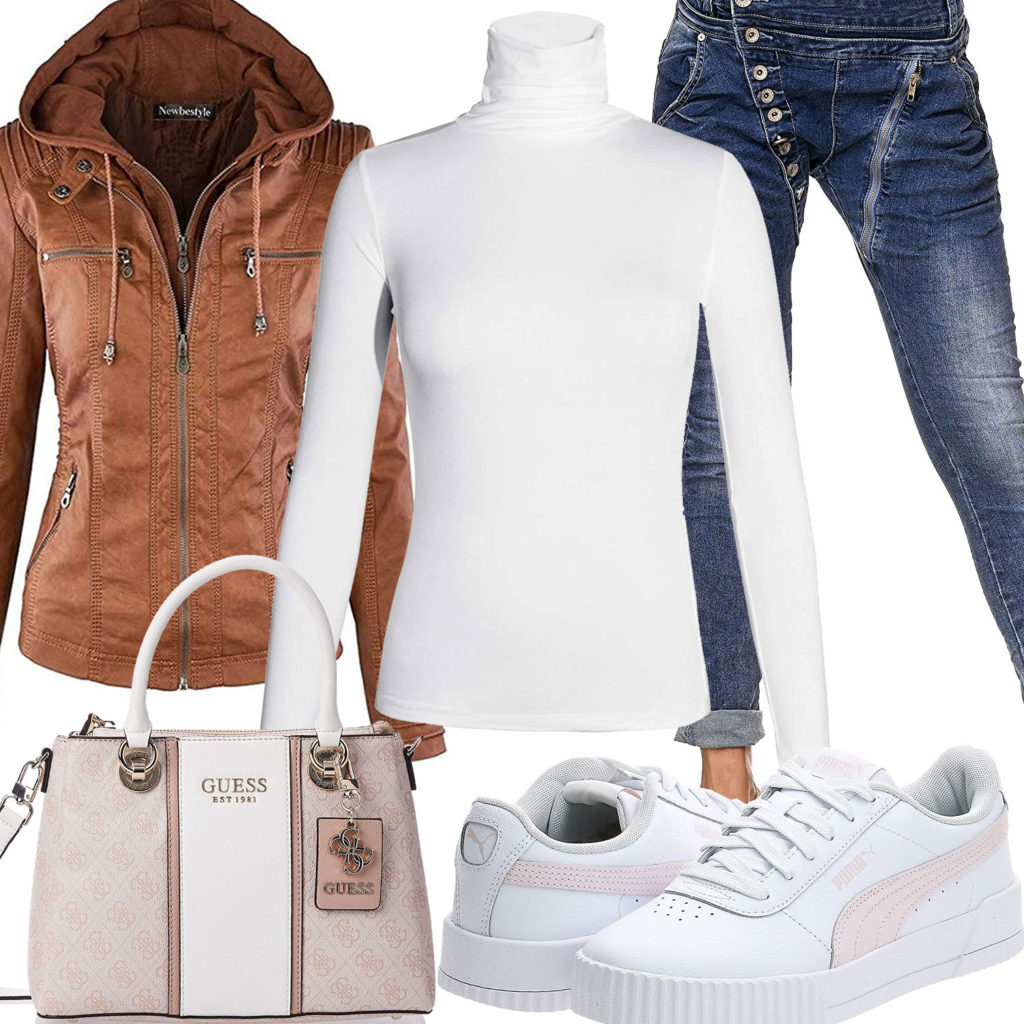 Frühlings-Frauenoutfit mit hellbrauner Lederjacke, Jeans und Tasche
