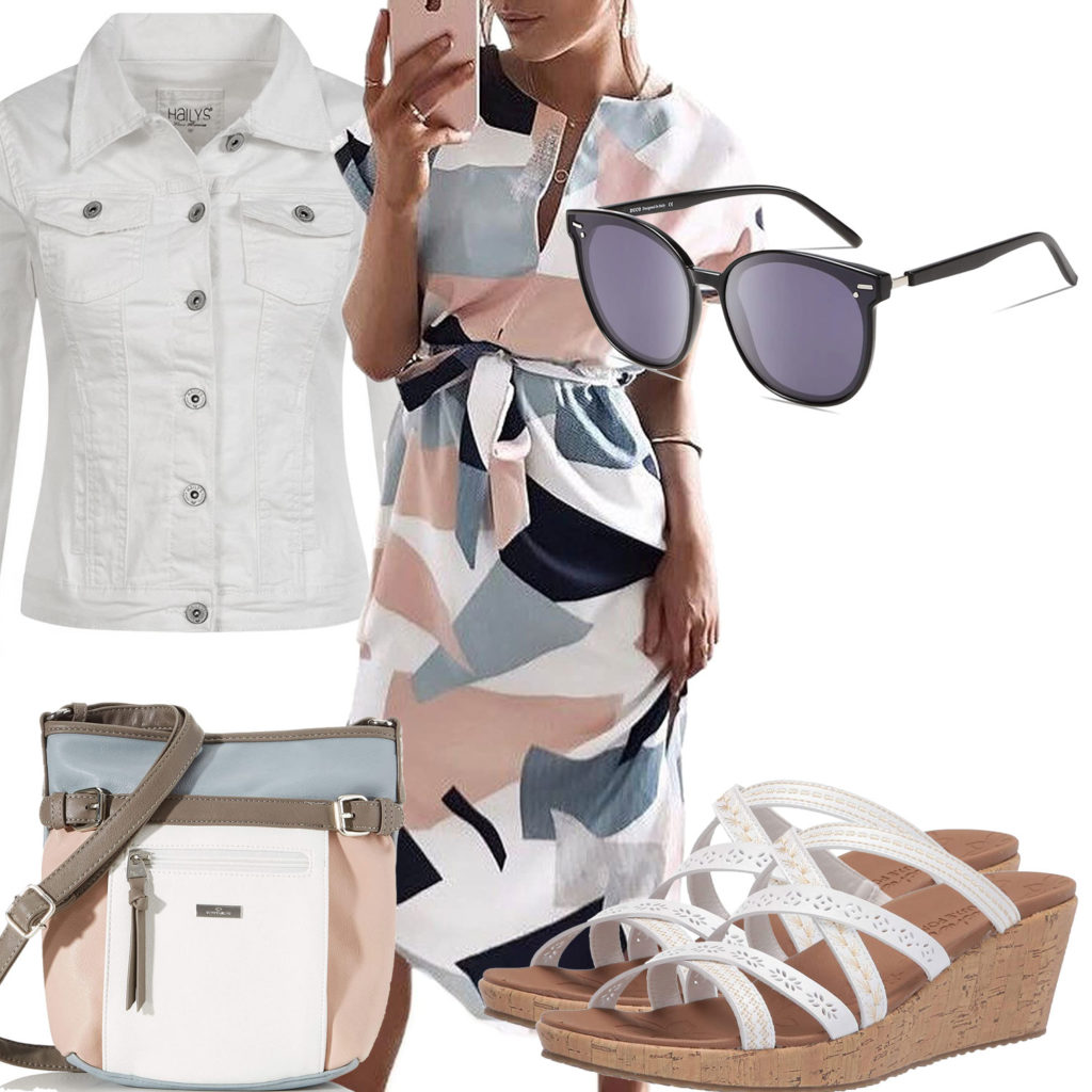 Weißes Sommer-Frauenoutfit mit Kleid und Sandalen