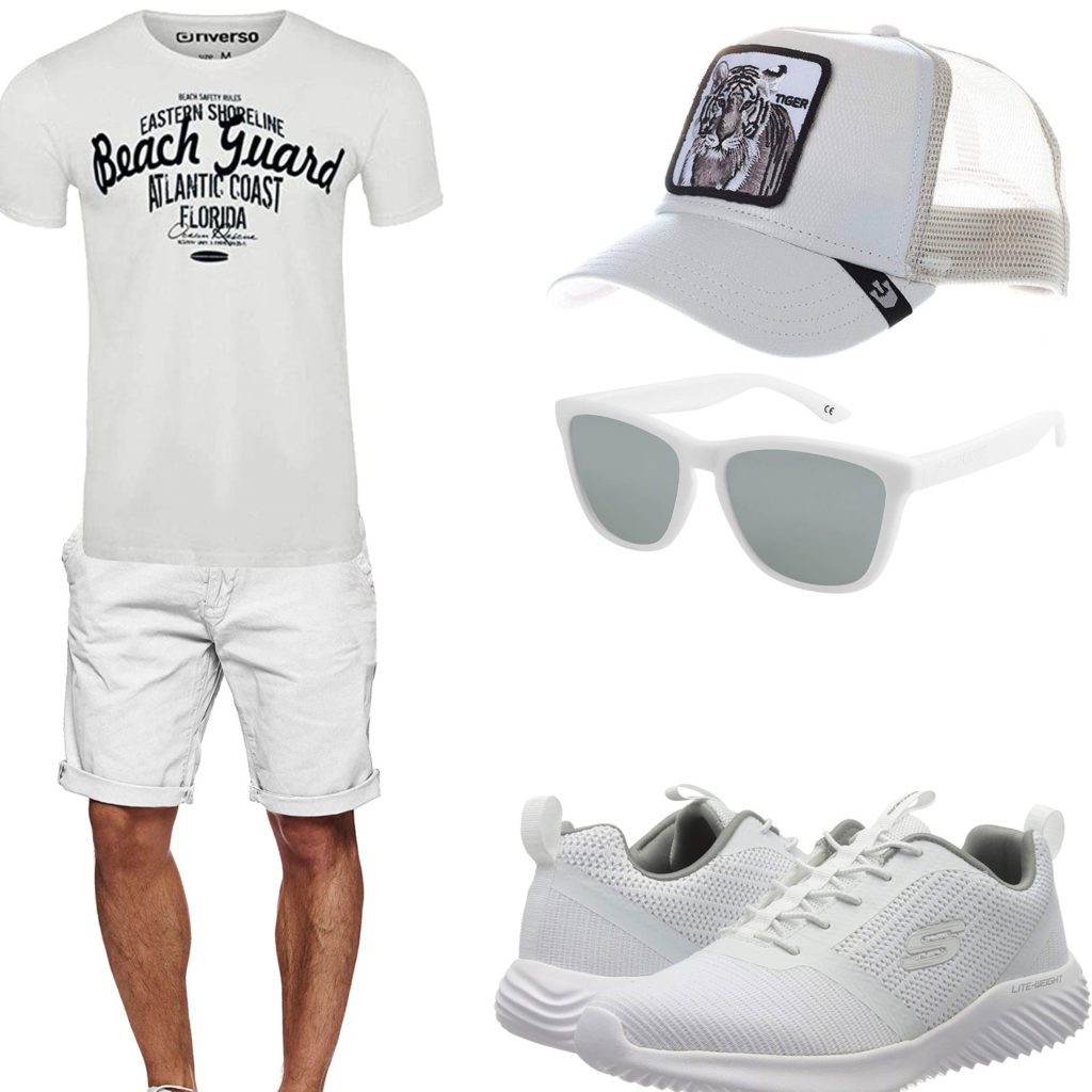 Weißes Frühlings-Herrenoutfit mit Shirt, Shorts und Cap