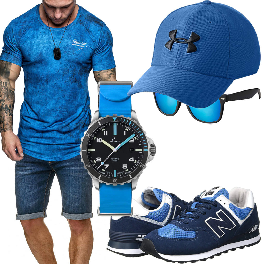 Azurblaues Herrenoutfit mit Cap, Uhr und Sonnenbrille
