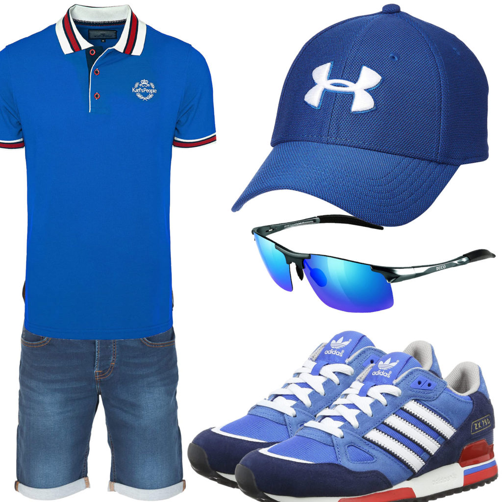 Blaues Herrenoutfit mit Poloshirt, Cap und Sneakern