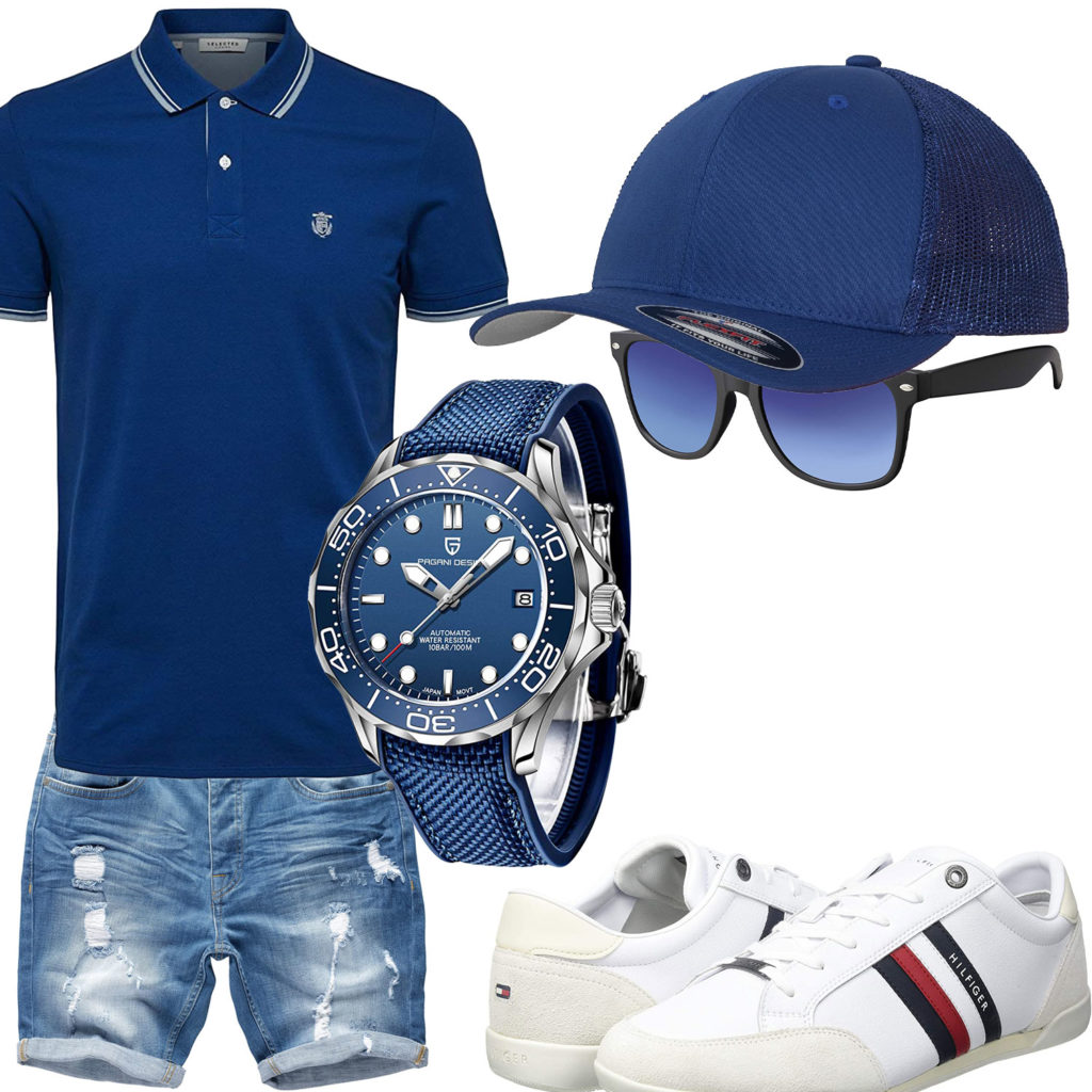 Blaues Herrenoutfit mit Poloshirt, Cap und Uhr