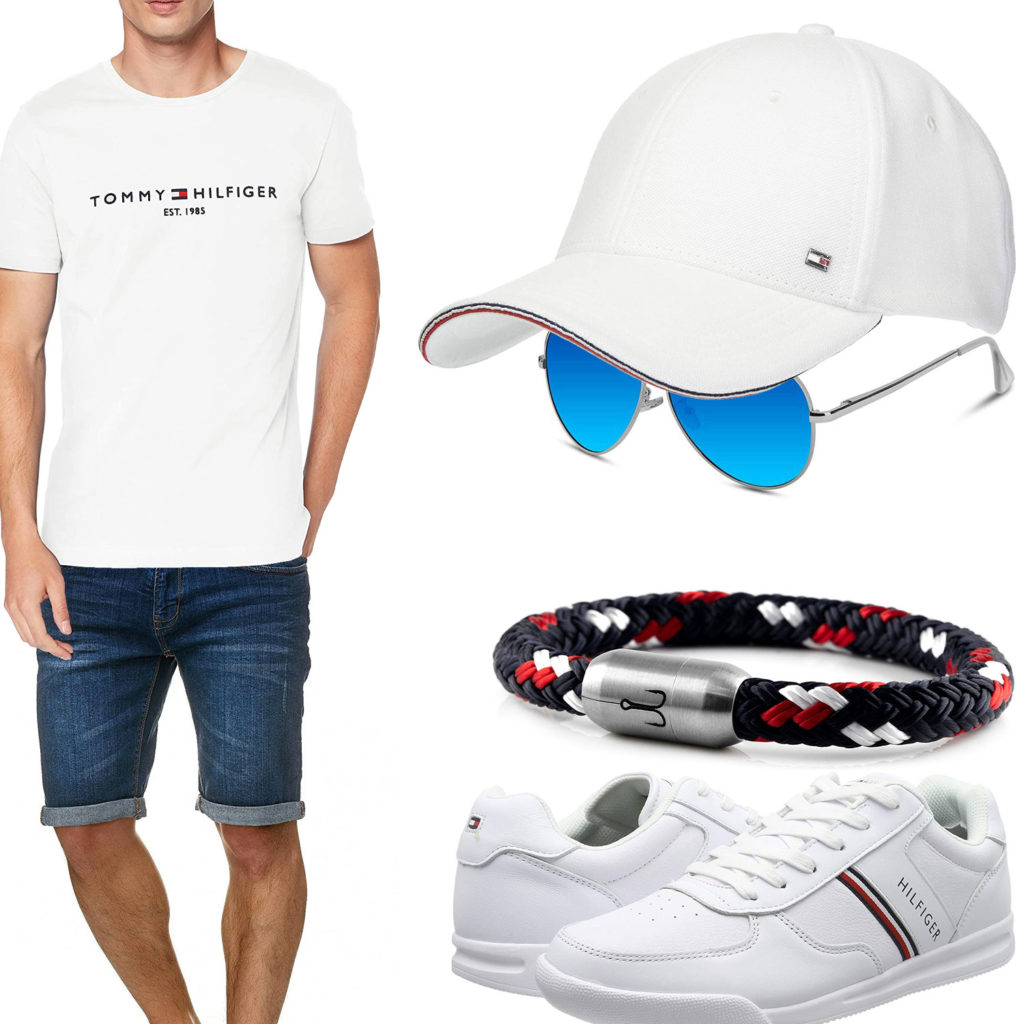 Sommer-Herrenoutfit mit weißem Shirt, Sneakern und Cap
