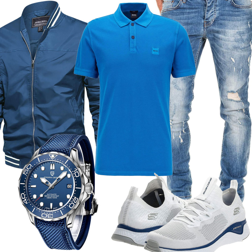 Blau-Weißes Herrenoutfit mit Poloshirt und Uhr