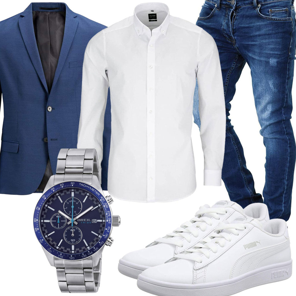 Blau-Weißes Herrenoutfit mit Hemd, Sakko und Jeans