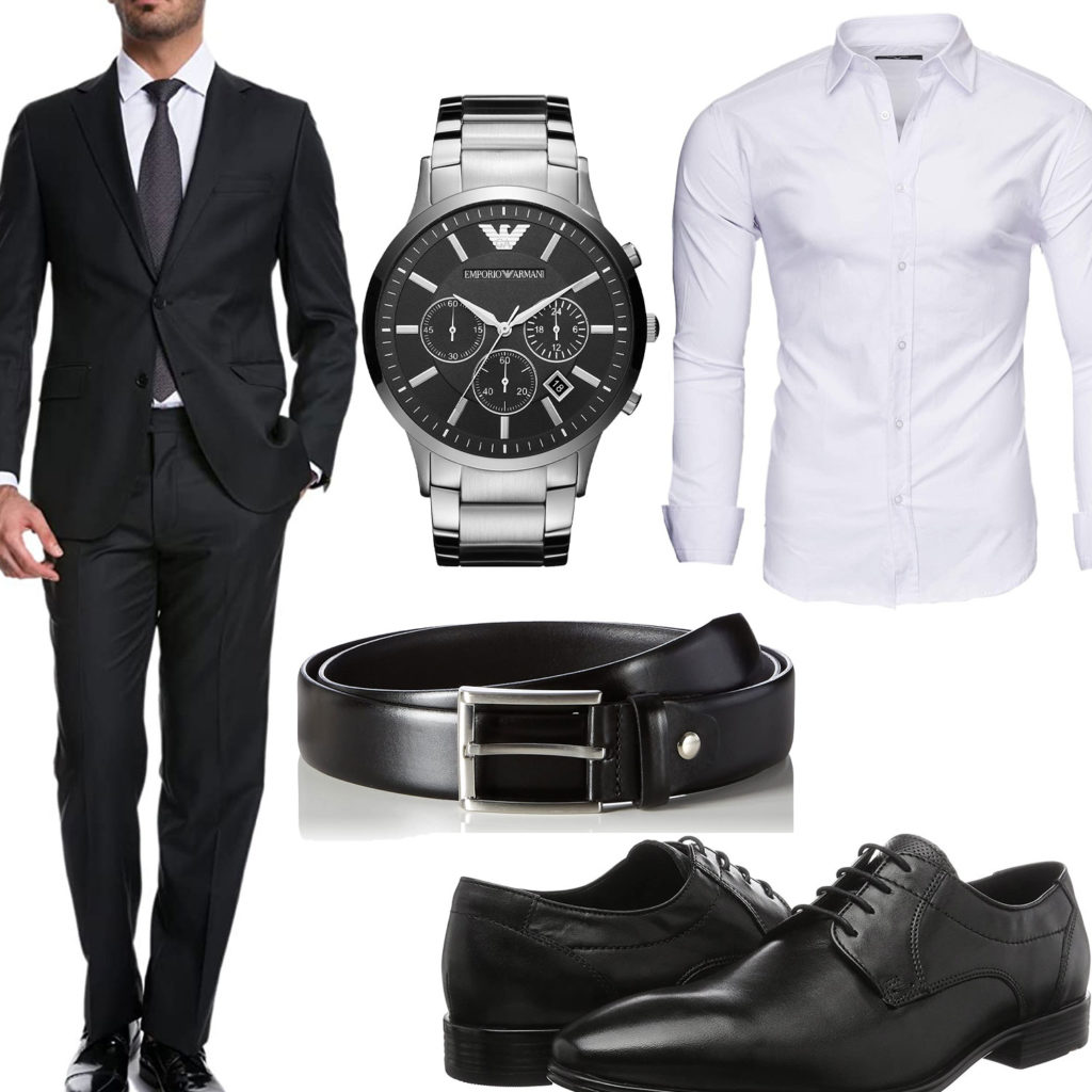 Business-Style mit schwarzem Anzug, Gürtel und Schuhen