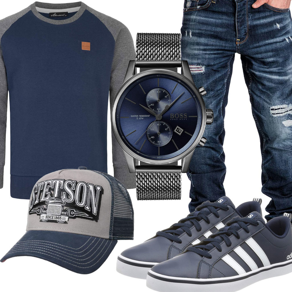 Blau-Graues Herrenoutfit mit Cap, Sneakern und Uhr