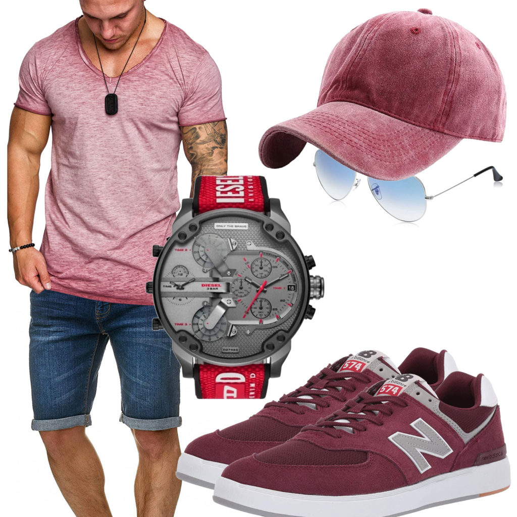Rotes Herrenoutfit mit Uhr, Cap und Sneakern