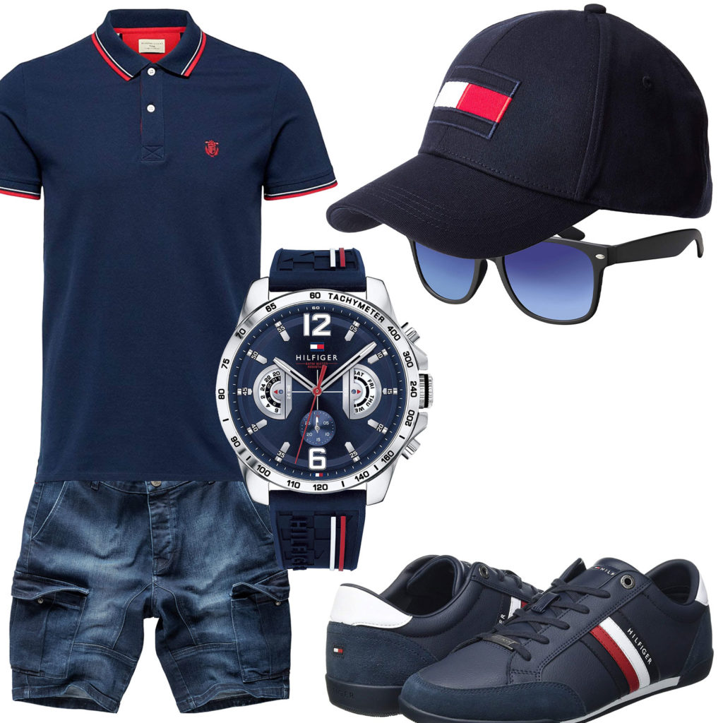 Dunkelblauer Style mit Poloshirt, Cap und Sneakern