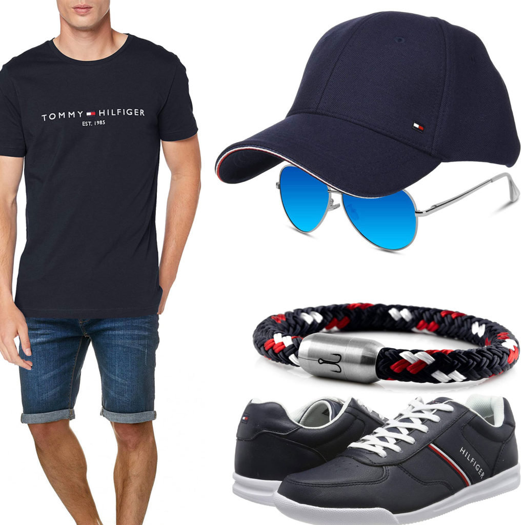 Dunkelblaues Herrenoutfit mit Shirt, Cap und Armband