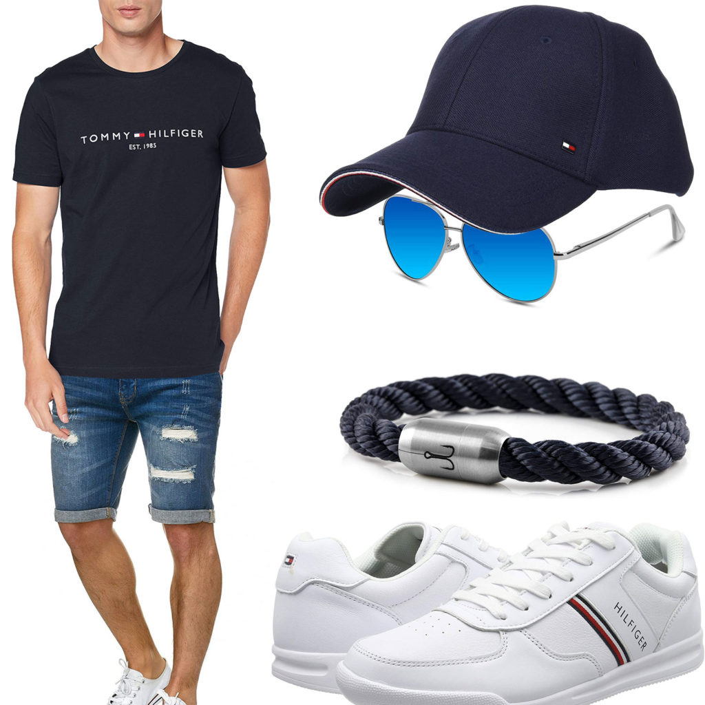 Sommer-Herrenoutfit mit dunkelblauem Cap und Shirt