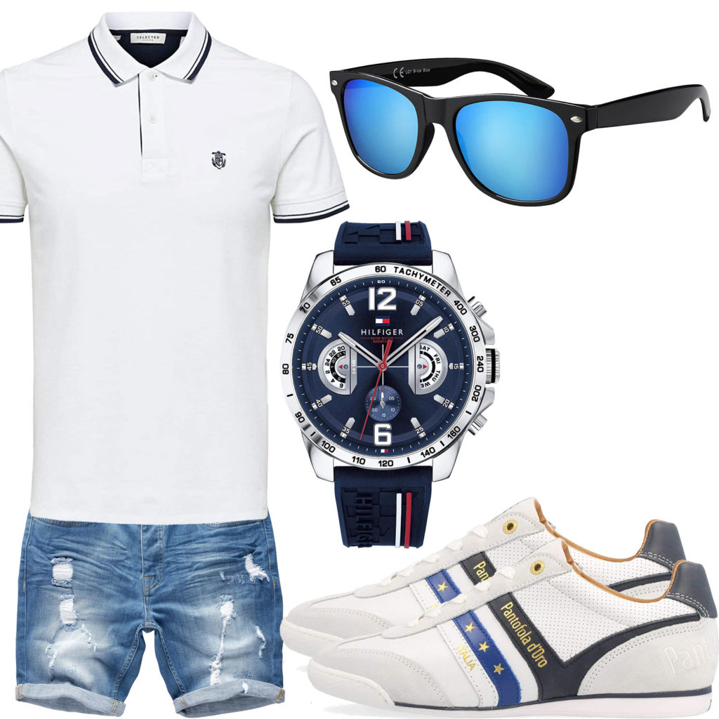 Weißes Herrenoutfit mit blauer Uhr und Shorts