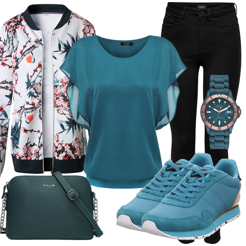 Damenoutfit mit türkiser Bluse, Uhr und Sneakern