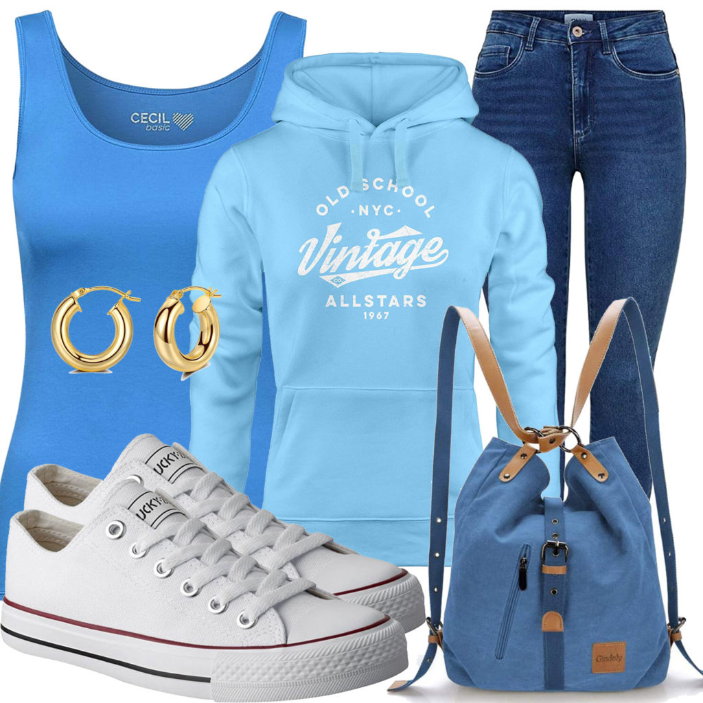 Blaues Frauenoutfit mit Top, Hoodie und Jeans