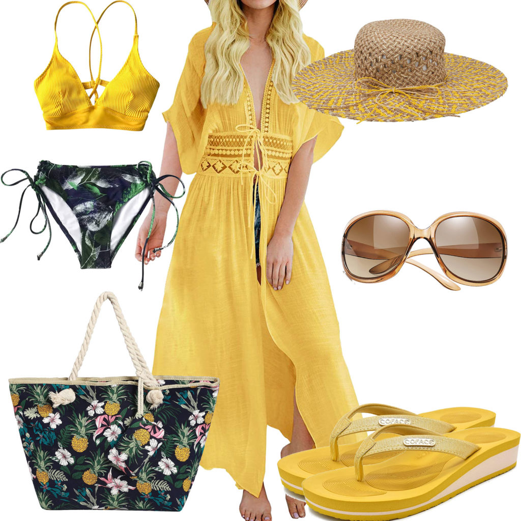 Gelbes Frauenoutfit mit Strandkleid und Sandalen