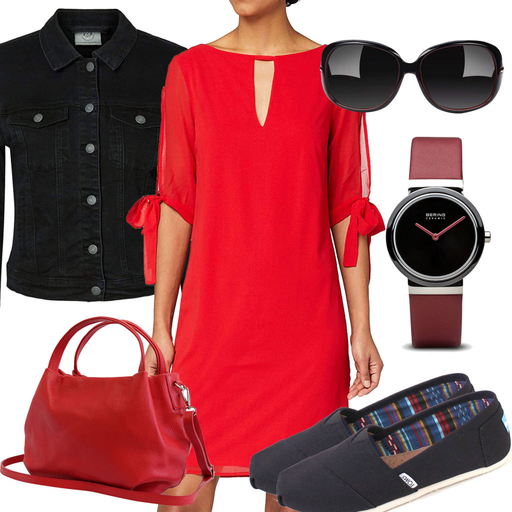 Elegantes Damenoutfit mit rotem Kleid und Handtasche