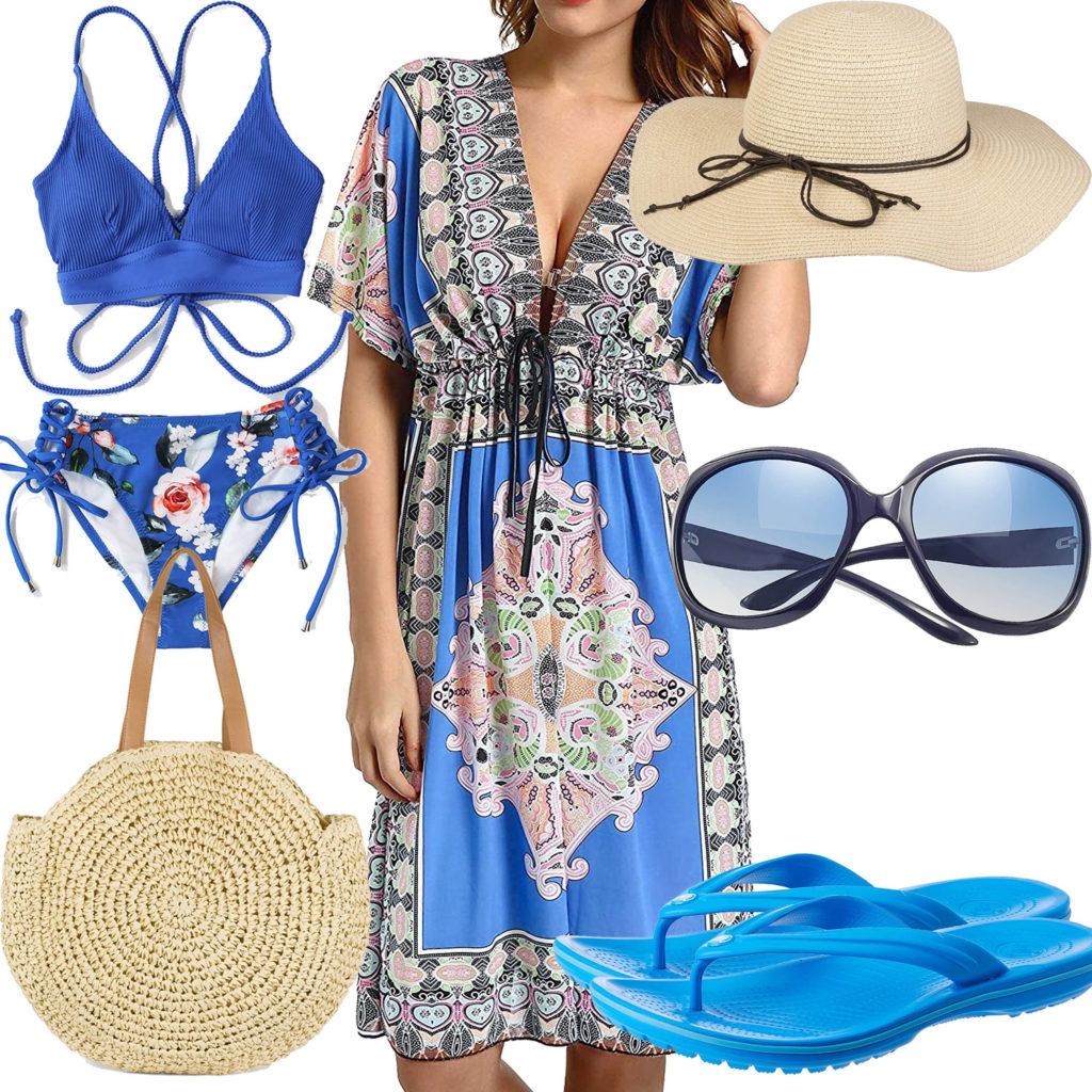 Sommer-Damenoutfit mit blauem Kleid und Bikini