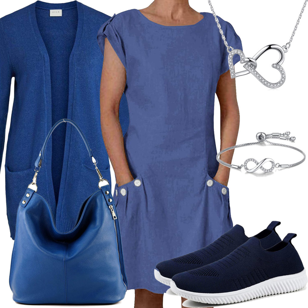 Blaues Damenoutfit mit Kleid, Sneakern und Tasche