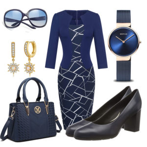 Elegantes Damenoutfit mit blauem Kleid und Pumps