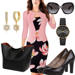 Business-Damenoutfit mit Kleid, Ohrringen und Uhr