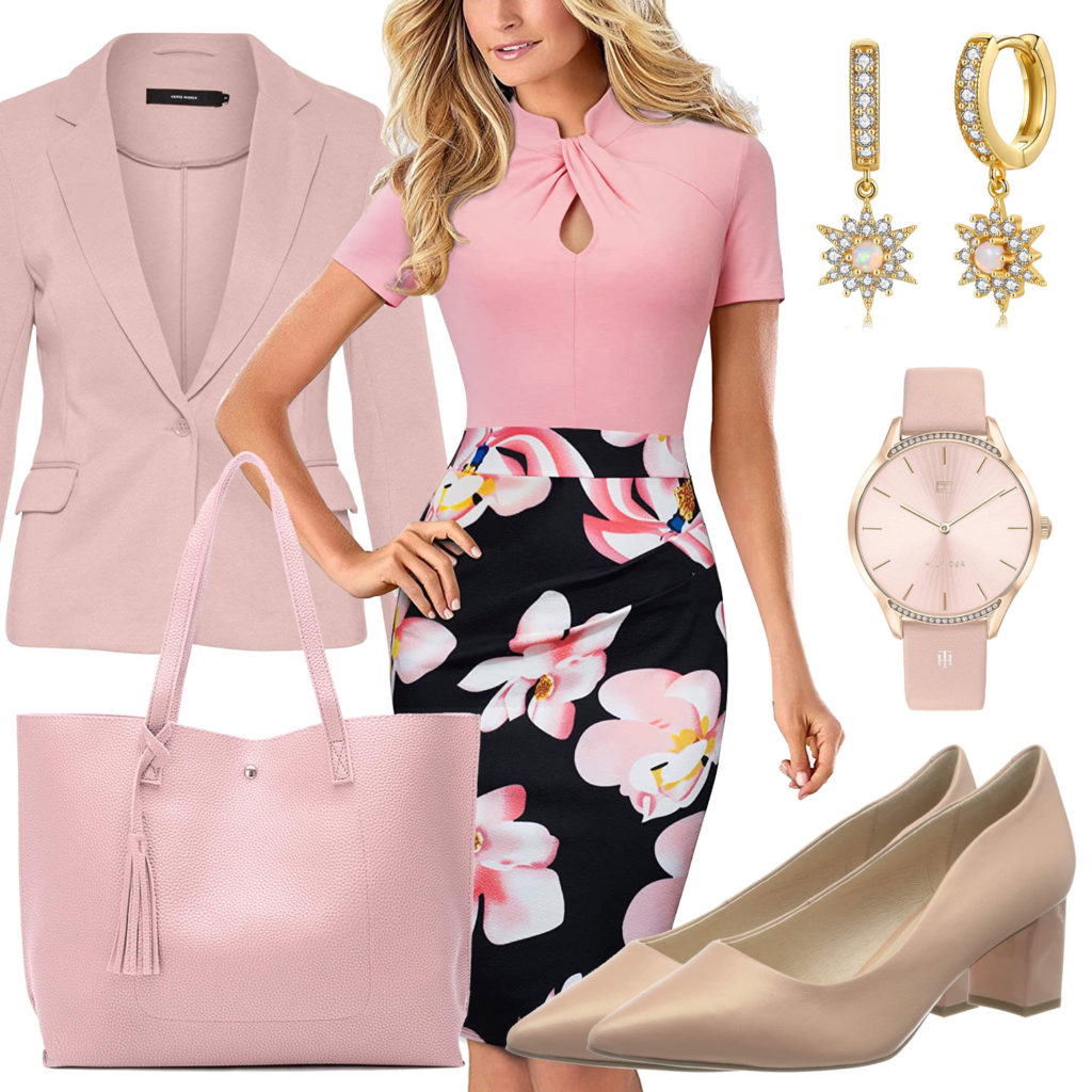 Business-Frauenoutfit mit rosa Blazer und Kleid