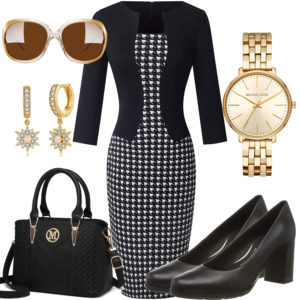 Business-Frauenoutfit mit Kleid, Uhr und Ohrringen