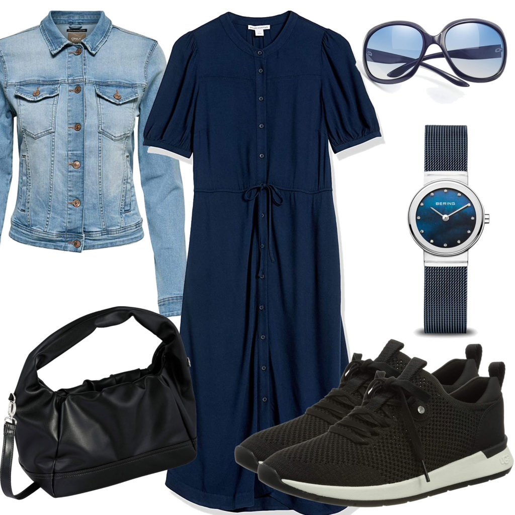 Blau-Schwarzes Frauenoutfit mit Kleid und Jeansjacke