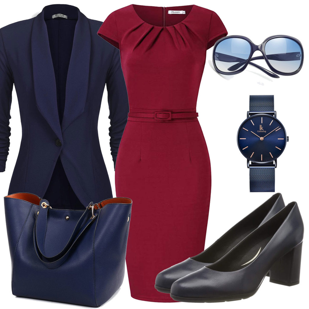 Business-Frauenoutfit mit dunkelblauem Blazer und Uhr