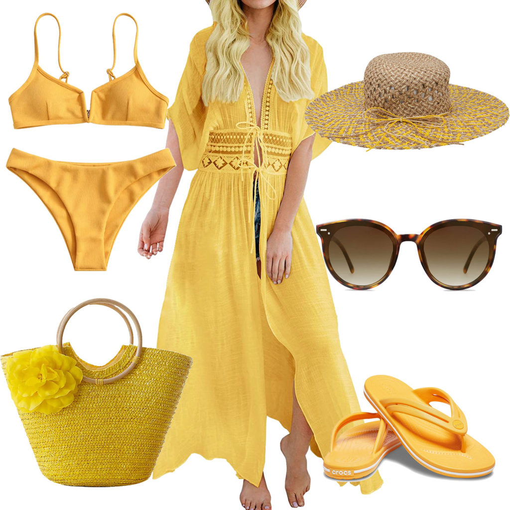 Gelbes Damenoutfit mit Strandkleid und Bikini